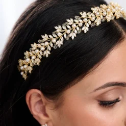 Lace & Favour Toskana Gold Kristall Blätter und Perle Hochzeit Stirnband* Haarschmuck Aus Kristall | Gold-haar-accessoires