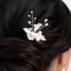 Lace & Favour Tulippa Porzellan Blumen und Silberblätter Haarnadel* Perlen-haarschmuck | Silberne Haar-accessoires