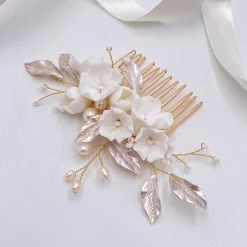Lace & Favour Tulippa Porzellan Blumen und Champagner Blattgold Haarkamm* Perlen-haarschmuck | Gold-haar-accessoires